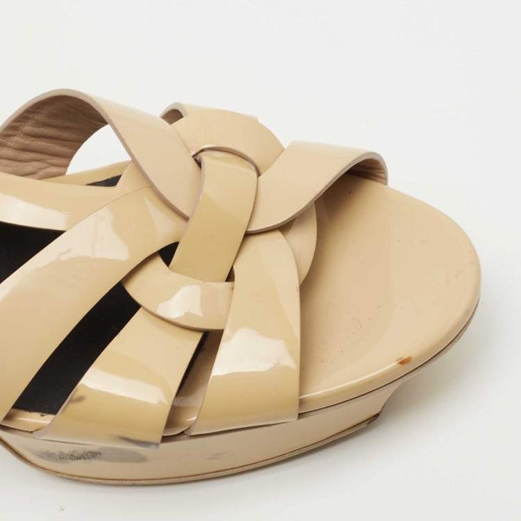 Pre Owned Saint Laurent Beige Patent Leather Tribute Sandals Size 40.5