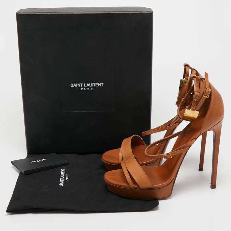 Pre Owned Saint Laurent Tan Leather Ankle Strap Platform Sandals Size 40