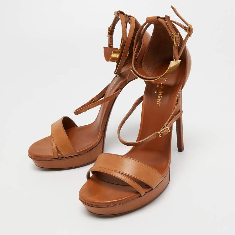 Pre Owned Saint Laurent Tan Leather Ankle Strap Platform Sandals Size 40