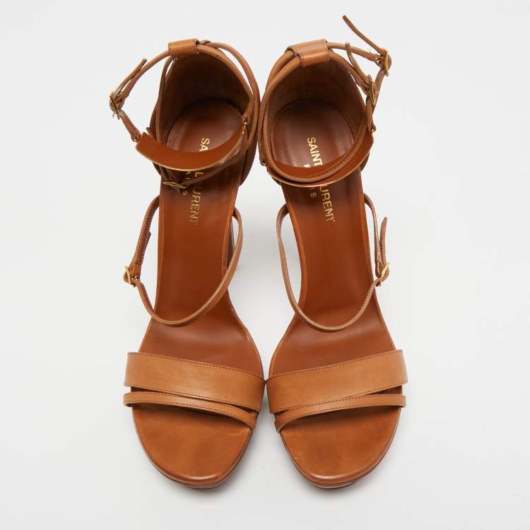 Pre Owned Saint Laurent Tan Leather Ankle Strap Platform Sandals Size 40