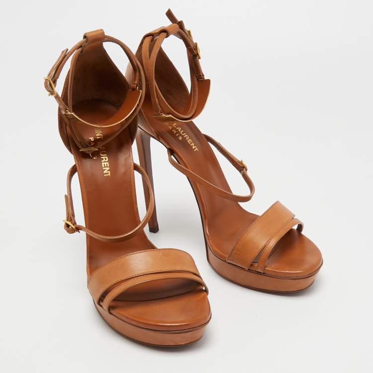 Pre Owned Saint Laurent Tan Leather Ankle Strap Platform Sandals Size 40