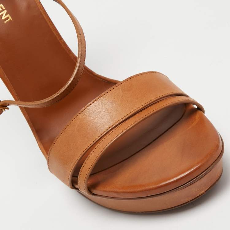Pre Owned Saint Laurent Tan Leather Ankle Strap Platform Sandals Size 40