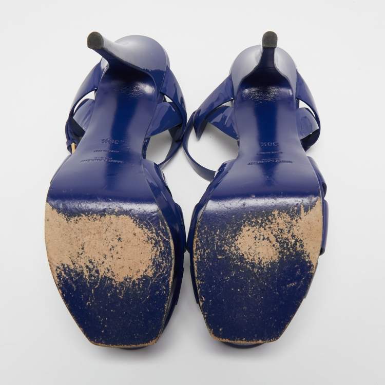 Pre Owned Saint Laurent Navy Blue Patent Leather Tribute Sandals Size 38.5
