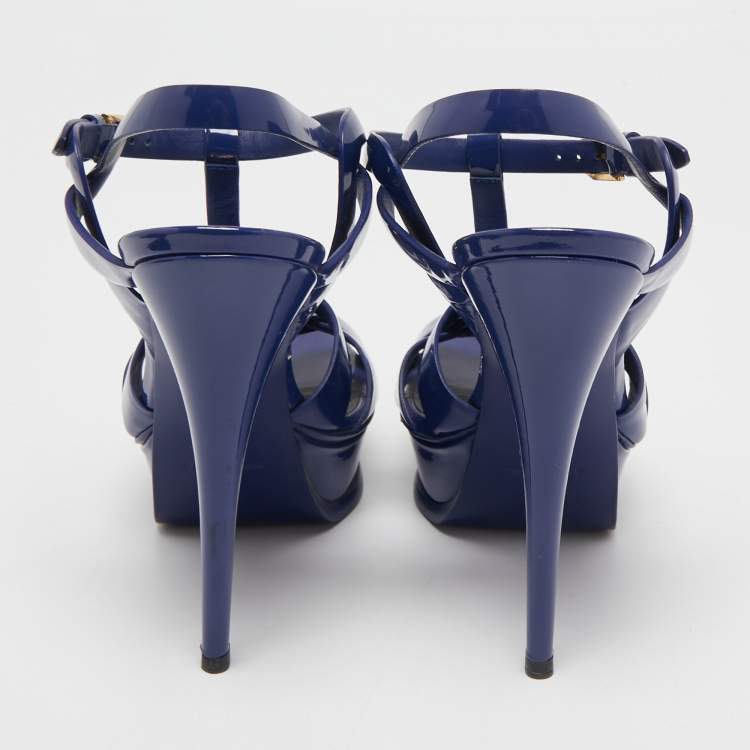 Pre Owned Saint Laurent Navy Blue Patent Leather Tribute Sandals Size 38.5