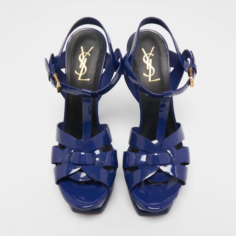 Pre Owned Saint Laurent Navy Blue Patent Leather Tribute Sandals Size 38.5