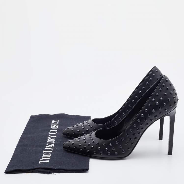 مملوكة مسبقًا Saint Laurent Black Leather Spiked Pointed Toe Pumps Size 37