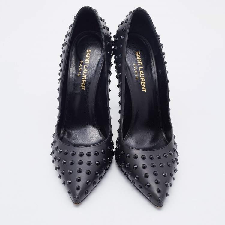 مملوكة مسبقًا Saint Laurent Black Leather Spiked Pointed Toe Pumps Size 37