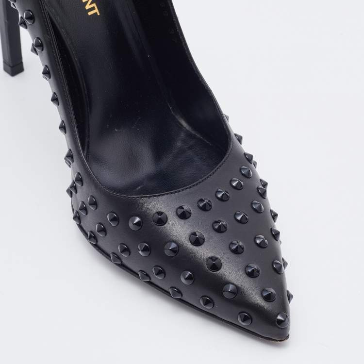 مملوكة مسبقًا Saint Laurent Black Leather Spiked Pointed Toe Pumps Size 37