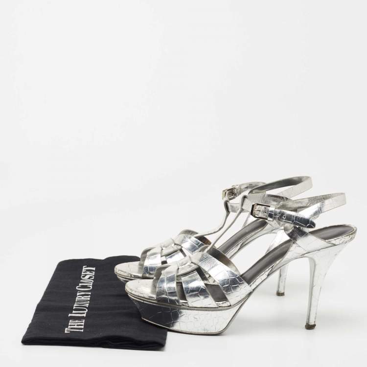Pre Owned Saint Laurent Silver Croc Embossed Leather Tribute Sandals Size 39