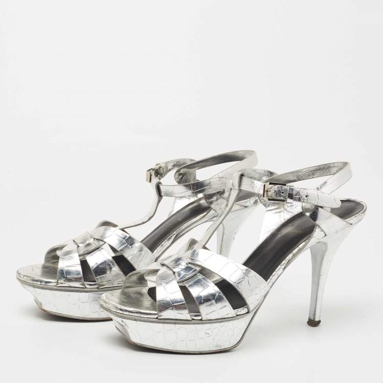 Pre Owned Saint Laurent Silver Croc Embossed Leather Tribute Sandals Size 39