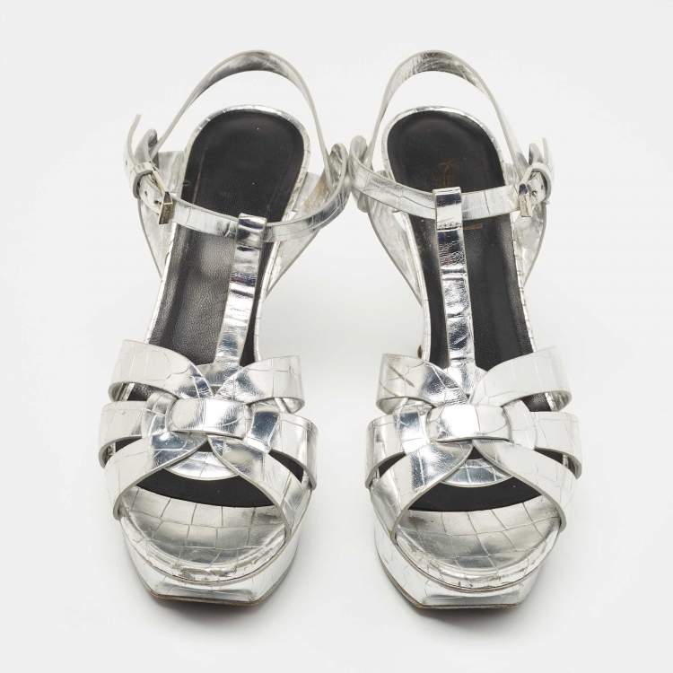 Pre Owned Saint Laurent Silver Croc Embossed Leather Tribute Sandals Size 39