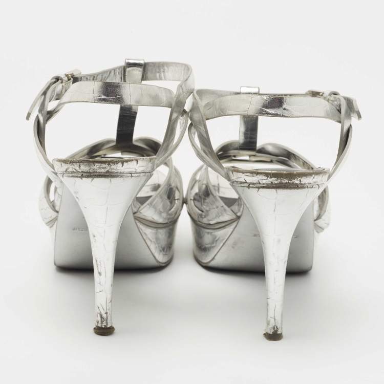 Pre Owned Saint Laurent Silver Croc Embossed Leather Tribute Sandals Size 39