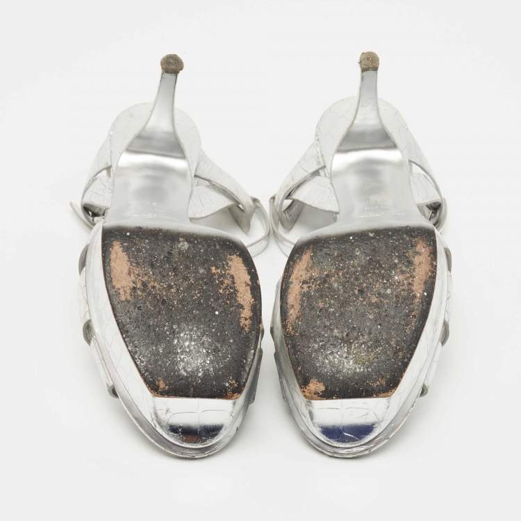 Pre Owned Saint Laurent Silver Croc Embossed Leather Tribute Sandals Size 39