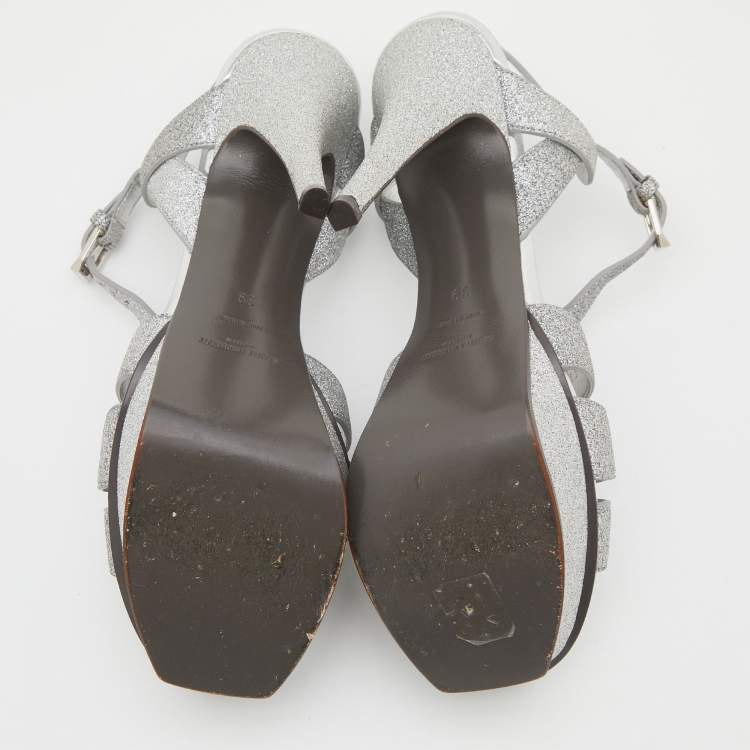 Pre Owned Saint Laurent Metallic Silver Glitter Tribute Platform Sandals Size 39