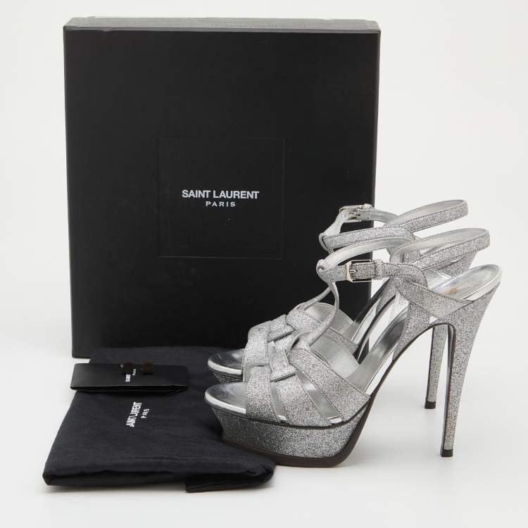 Pre Owned Saint Laurent Metallic Silver Glitter Tribute Platform Sandals Size 39