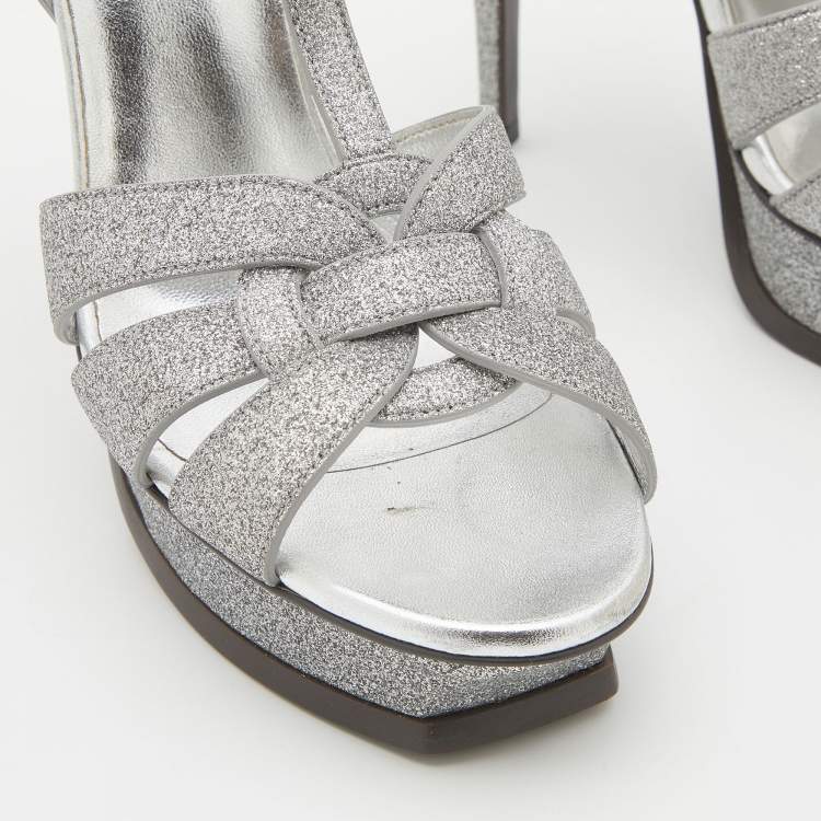 Pre Owned Saint Laurent Metallic Silver Glitter Tribute Platform Sandals Size 39