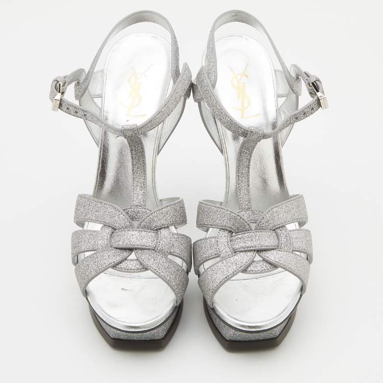 Pre Owned Saint Laurent Metallic Silver Glitter Tribute Platform Sandals Size 39