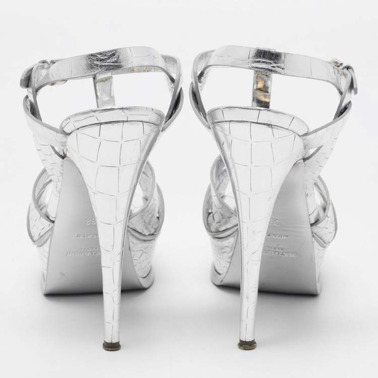 Pre Owned Saint Laurent Silver Croc Embossed Leather Tribute Sandals Size 38