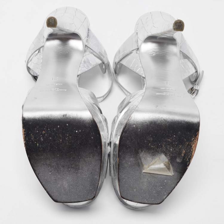 Pre Owned Saint Laurent Silver Croc Embossed Leather Tribute Sandals Size 38