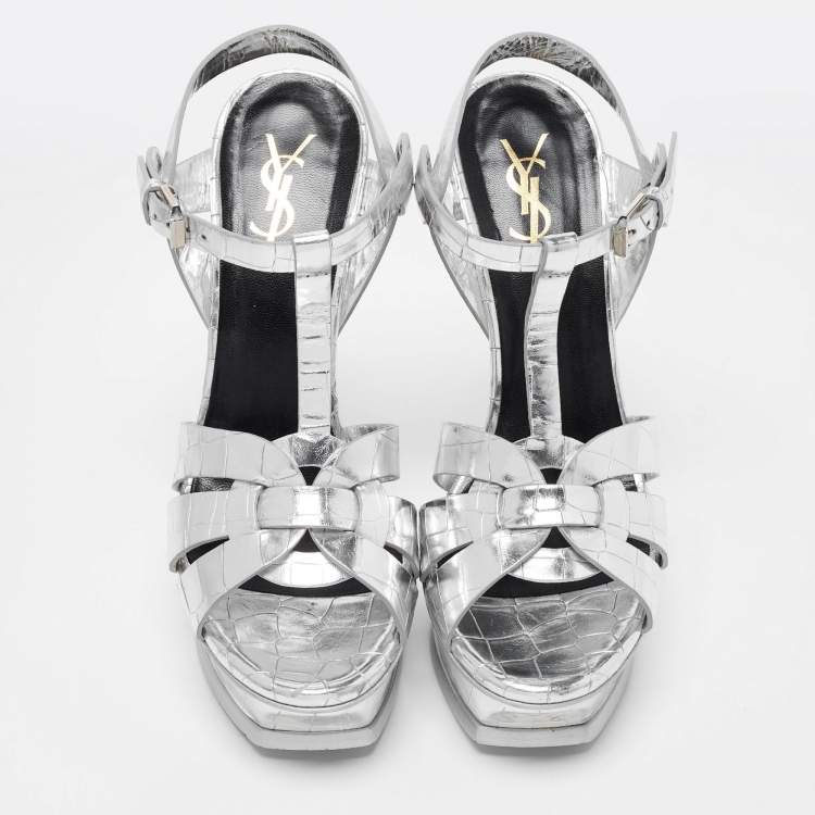Pre Owned Saint Laurent Silver Croc Embossed Leather Tribute Sandals Size 38