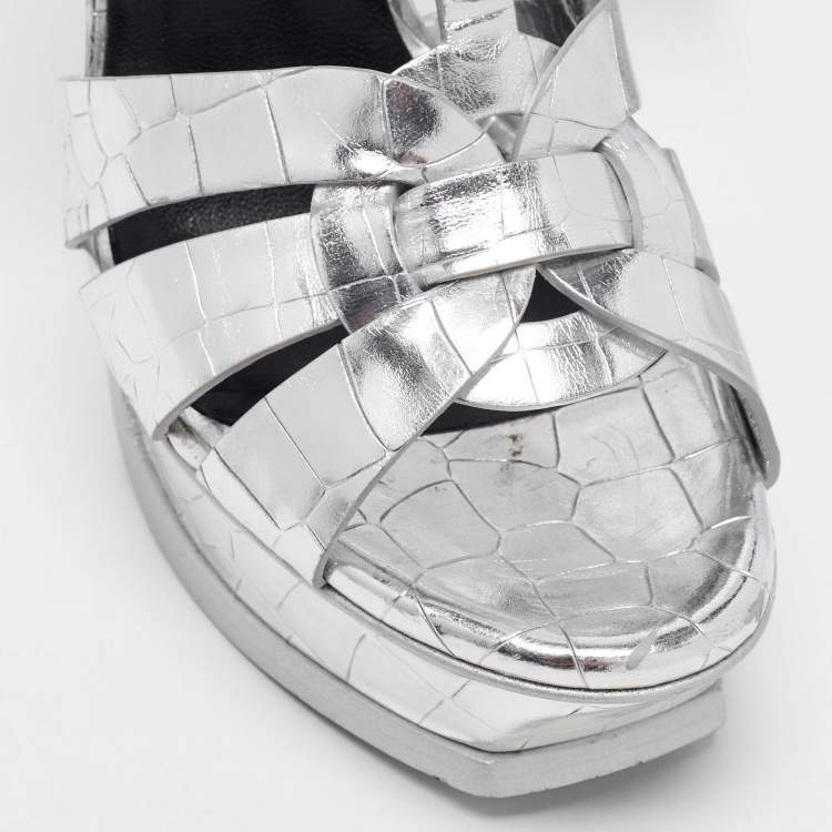 Pre Owned Saint Laurent Silver Croc Embossed Leather Tribute Sandals Size 38