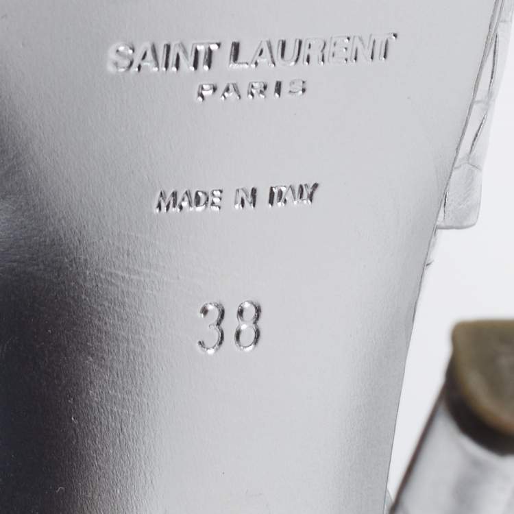 Pre Owned Saint Laurent Silver Croc Embossed Leather Tribute Sandals Size 38