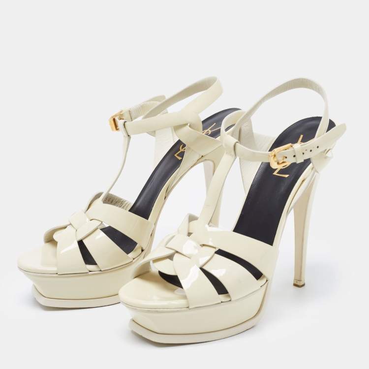 Pre Owned Saint Laurent White Patent Leather Tribute Sandals Size 38