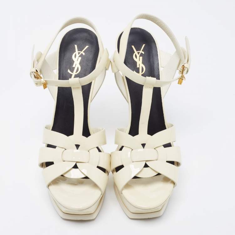 Pre Owned Saint Laurent White Patent Leather Tribute Sandals Size 38