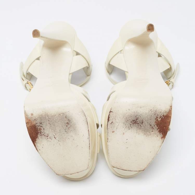 Pre Owned Saint Laurent White Patent Leather Tribute Sandals Size 38