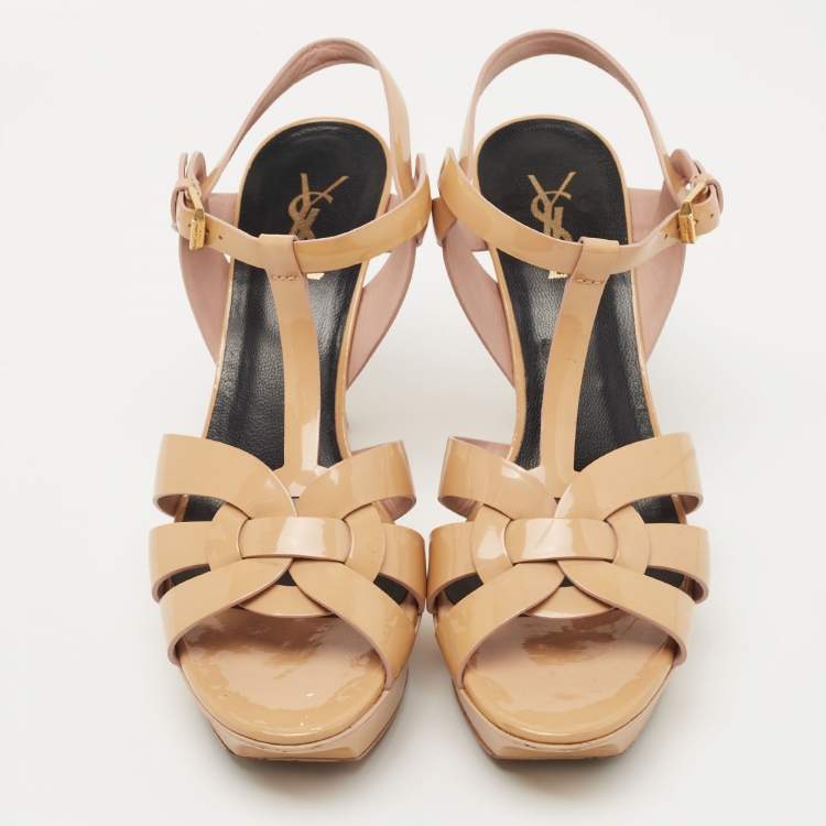 Pre Owned Saint Laurent Beige Patent Leather Tribute Sandals Size 39.5