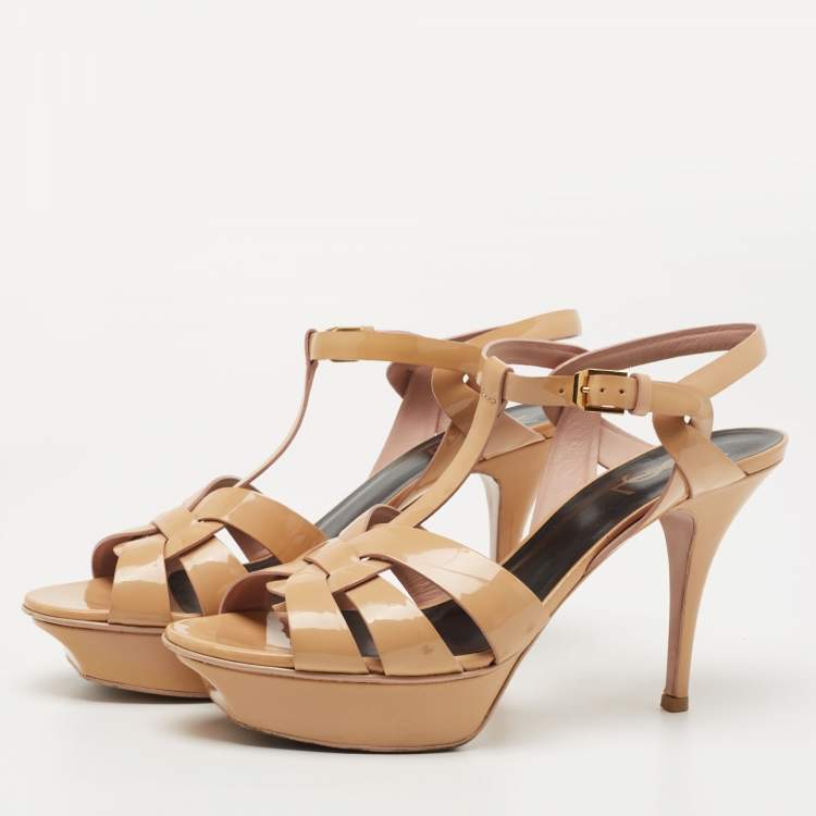 Pre Owned Saint Laurent Beige Patent Leather Tribute Sandals Size 39.5