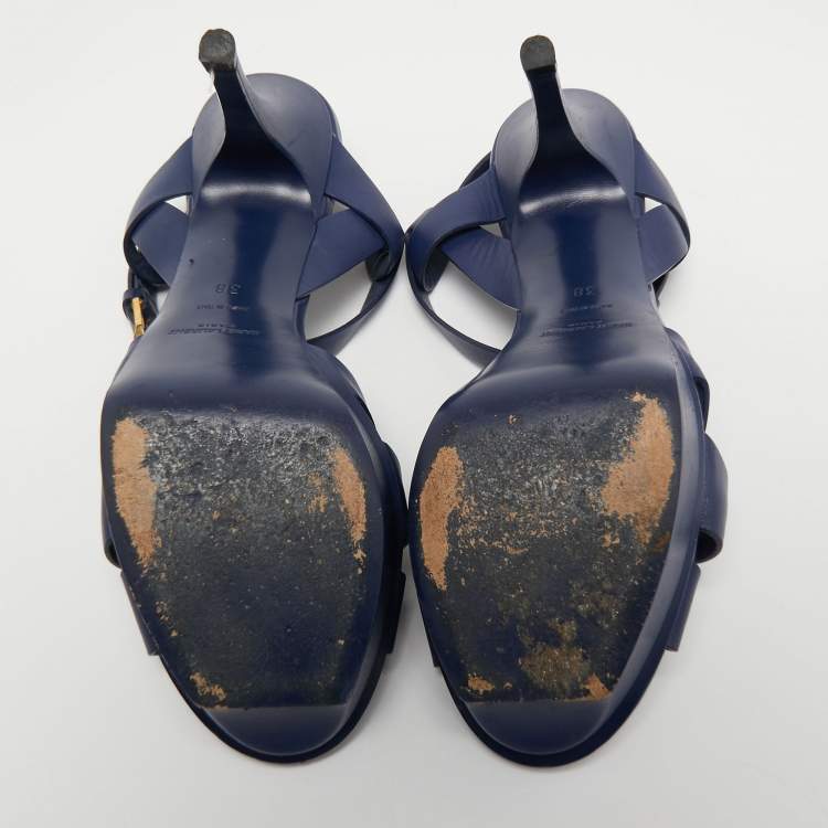 Pre Owned Saint Laurent Navy Blue Leather Tribute Sandals Size 38