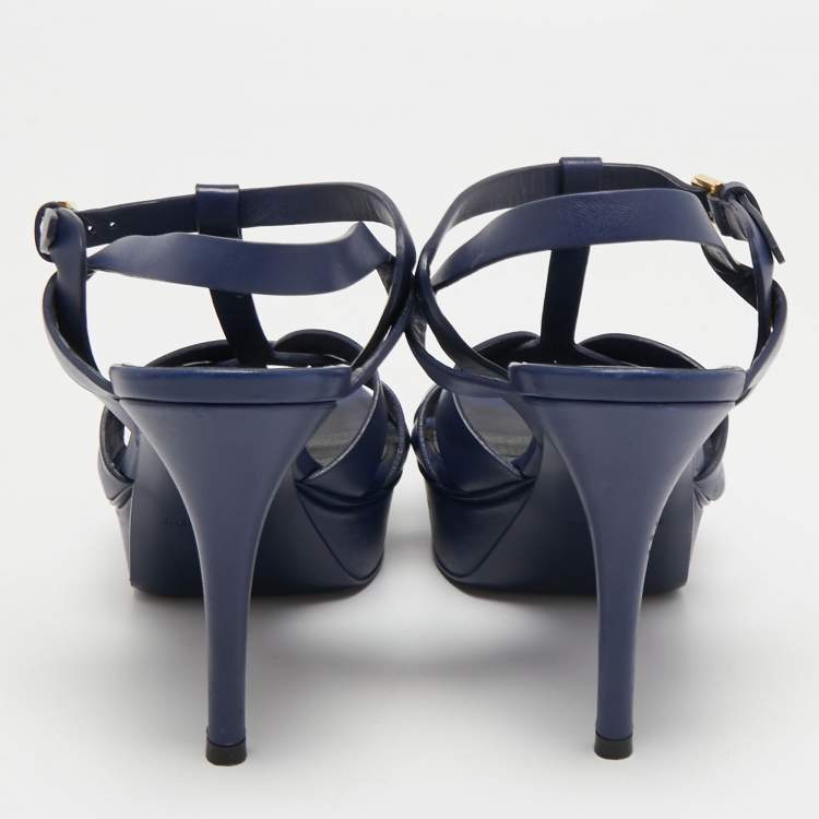 Pre Owned Saint Laurent Navy Blue Leather Tribute Sandals Size 38