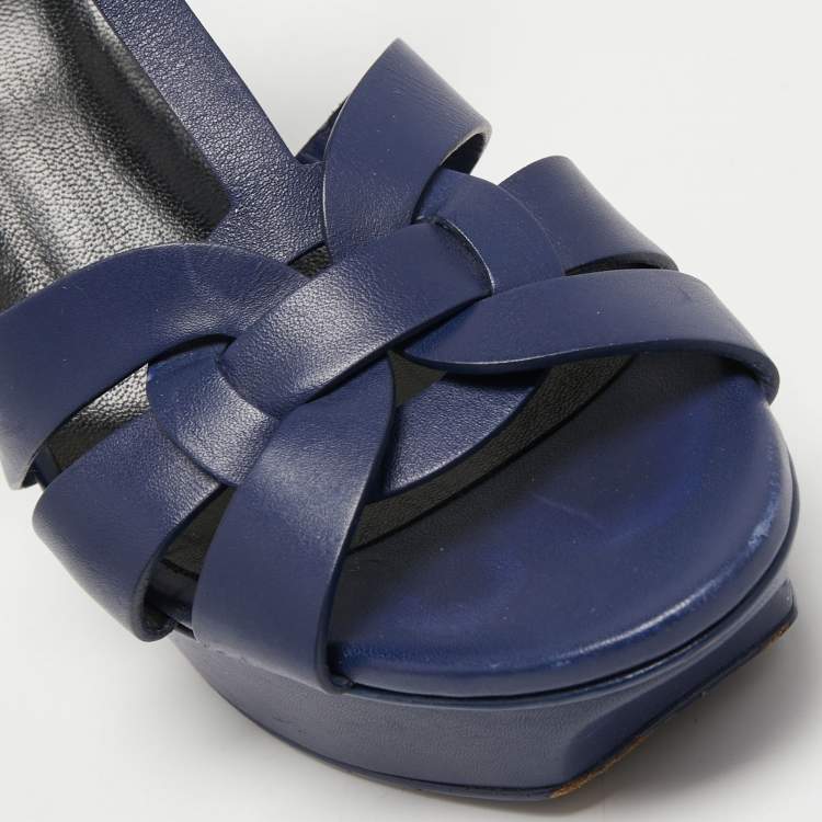 Pre Owned Saint Laurent Navy Blue Leather Tribute Sandals Size 38