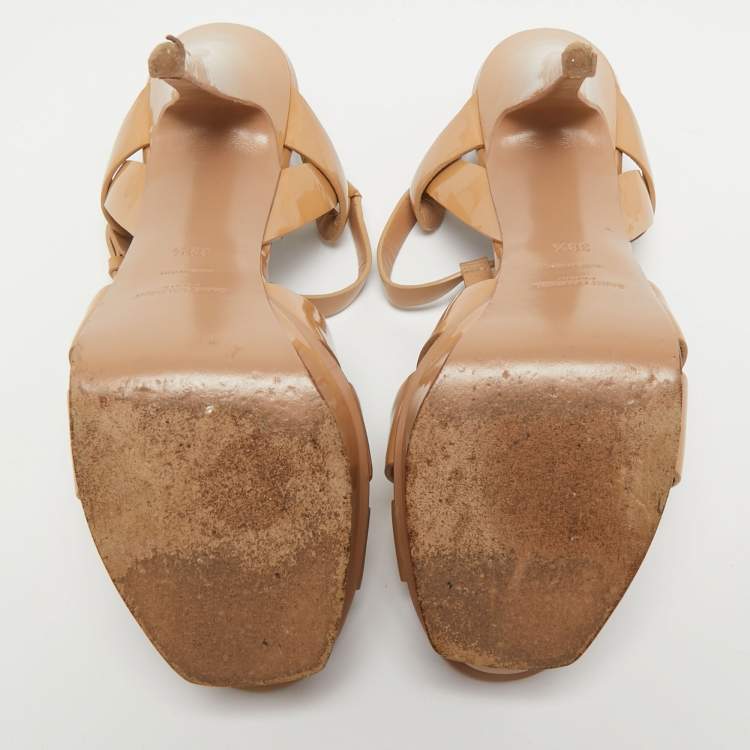 مملوكة مسبقًا Saint Laurent Beige Patent Leather Tribute Sandals Size 38.5