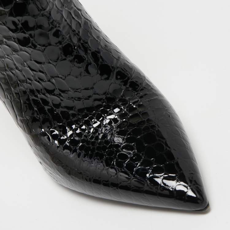 Pre Owned Saint Laurent Black Croc Embossed Patent Leather Opyum Mid Calf Booties Size 38