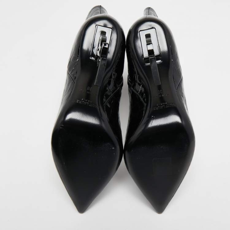Pre Owned Saint Laurent Black Croc Embossed Patent Leather Opyum Mid Calf Booties Size 38