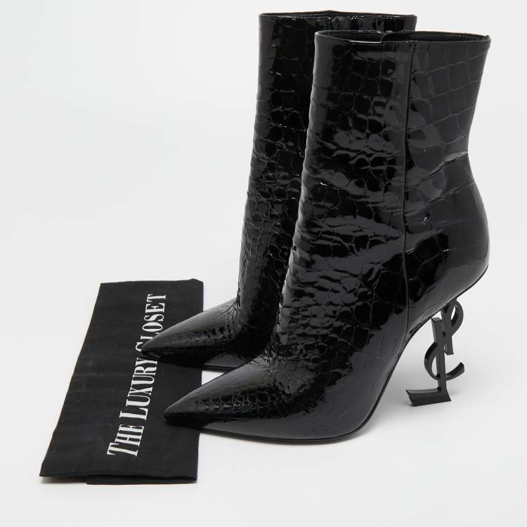 Pre Owned Saint Laurent Black Croc Embossed Patent Leather Opyum Mid Calf Booties Size 38