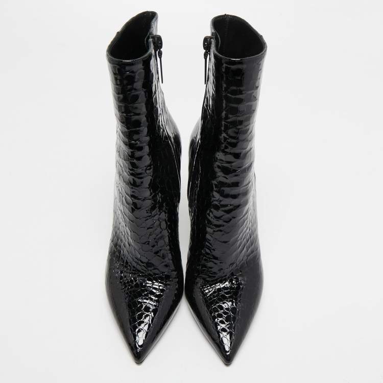Pre Owned Saint Laurent Black Croc Embossed Patent Leather Opyum Mid Calf Booties Size 38