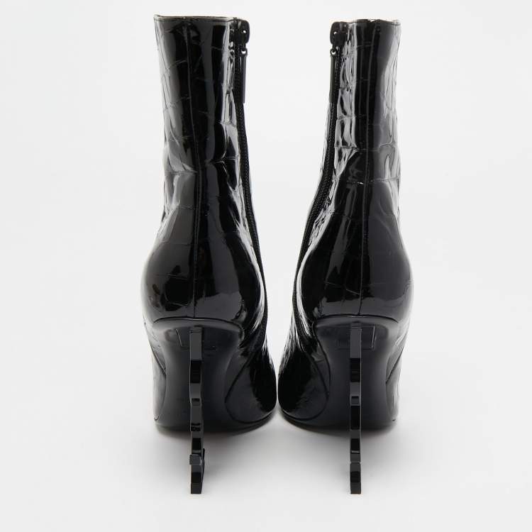 Pre Owned Saint Laurent Black Croc Embossed Patent Leather Opyum Mid Calf Booties Size 38