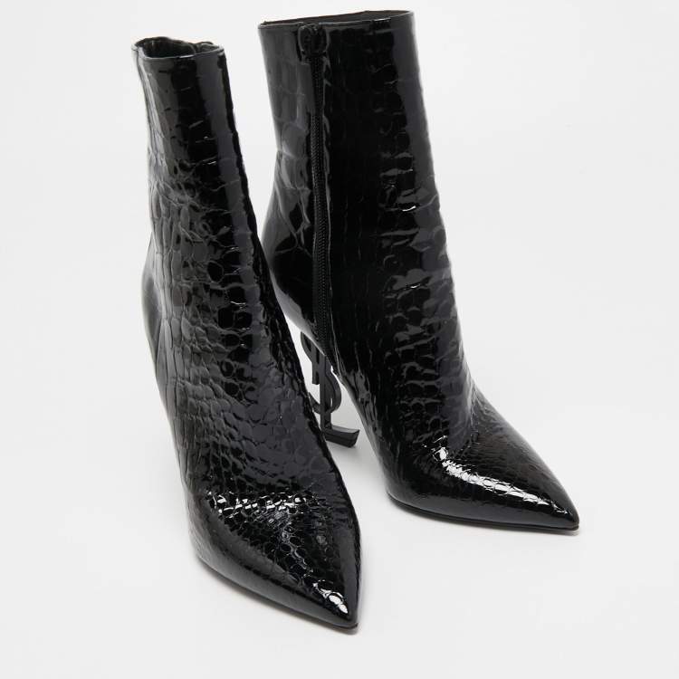Pre Owned Saint Laurent Black Croc Embossed Patent Leather Opyum Mid Calf Booties Size 38