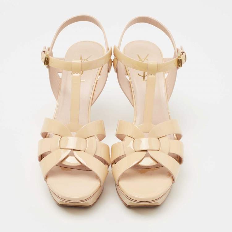 Pre Owned Saint Laurent Beige Patent Leather Tribute Sandals Size 38.5