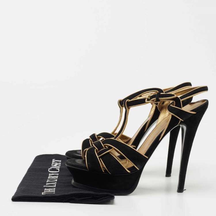 Pre Owned Saint Laurent Black/Gold Suede Tribute Sandals Size 37.5