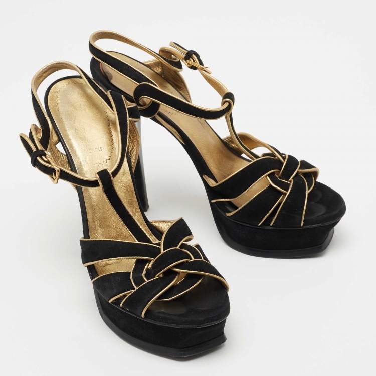 Pre Owned Saint Laurent Black/Gold Suede Tribute Sandals Size 37.5
