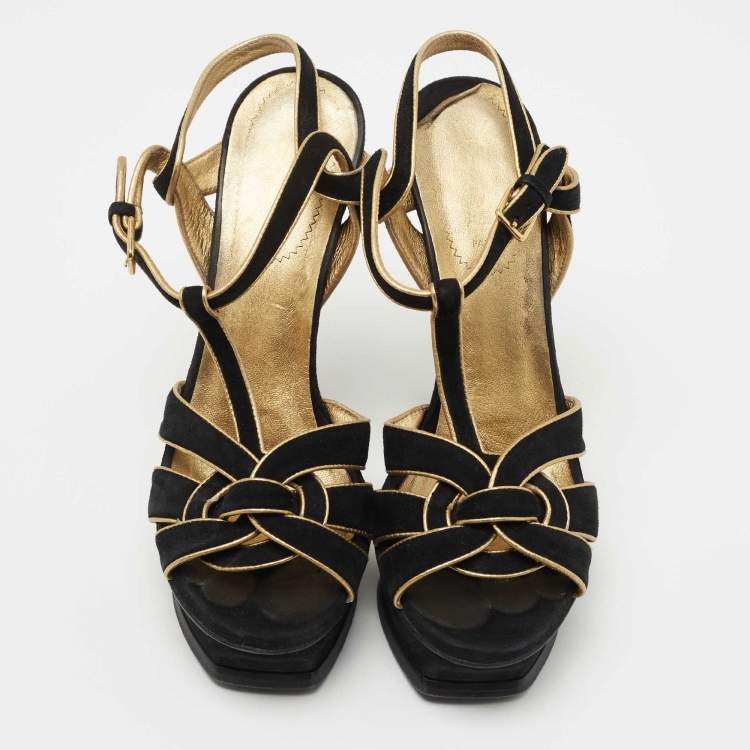 Pre Owned Saint Laurent Black/Gold Suede Tribute Sandals Size 37.5