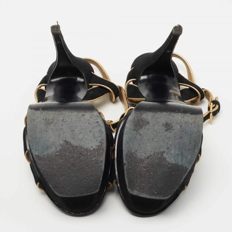 Pre Owned Saint Laurent Black/Gold Suede Tribute Sandals Size 37.5