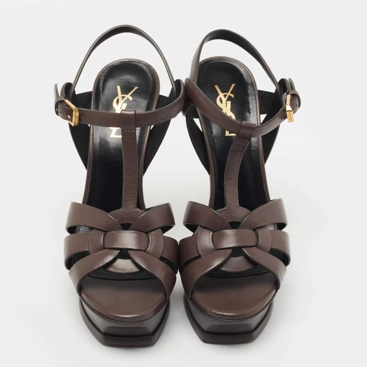 Pre Owned Saint Laurent Paris Brown Leather Tribute  Sandals Size 38