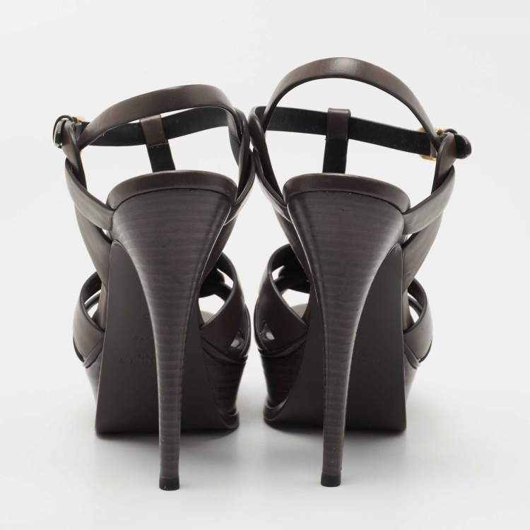Pre Owned Saint Laurent Paris Brown Leather Tribute  Sandals Size 38
