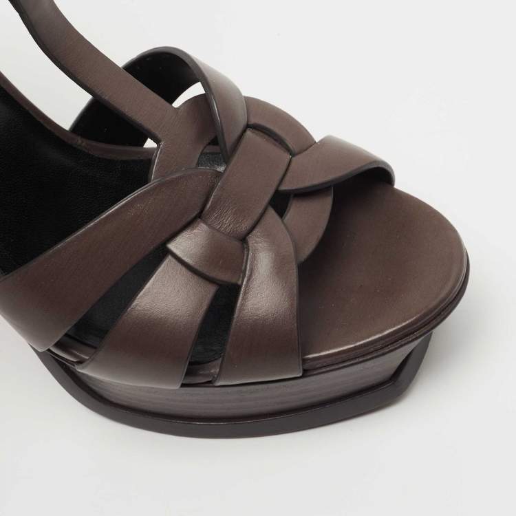 Pre Owned Saint Laurent Paris Brown Leather Tribute  Sandals Size 38