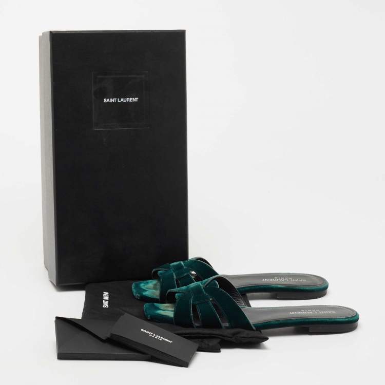 Pre Owned Saint Laurent Dark Green Velvet Tribute Flat Slides Size 37.5